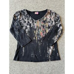 Mykonos V-Neck‎ Graphic Top Black Abstract Paint Drip 3/4 Sleeve Cotton Made USA